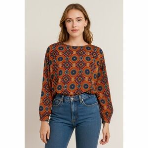 Sharpely | VTG Geo Print Cinched Waist Long Sleeve Round Neck Lightweight Blouse